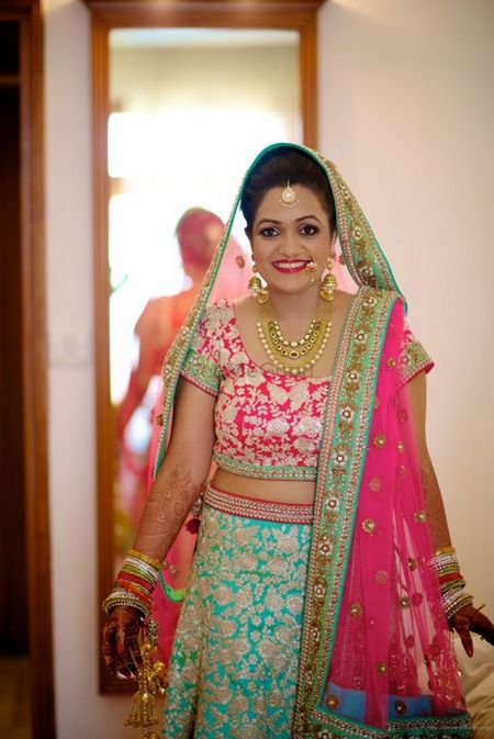 Frontier Raas bridal lehenga in mint and pink