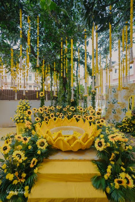 Photo of Gorgeous all-yellow haldi theme decor with sunflower details