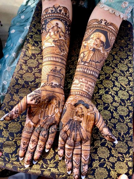 Photo of Gorgeous mehendi design for bride with bridal portraits, god motifs and inscriptions