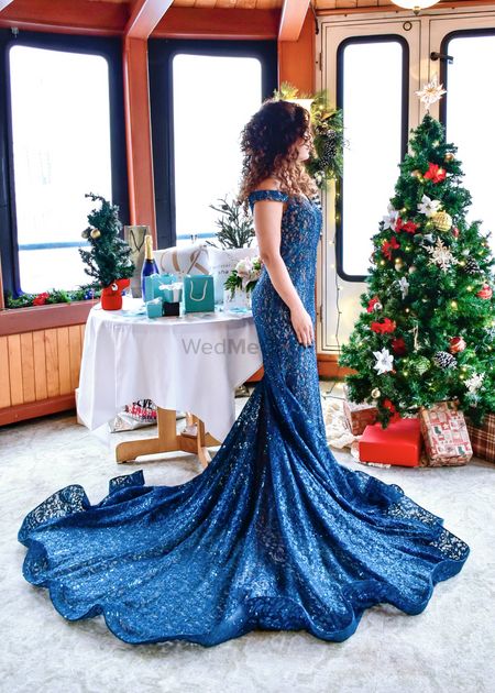 Bride in blue gown for the reception 