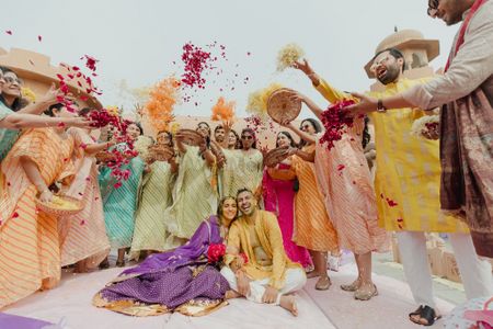 Fun and colourful haldi photo with the full family 