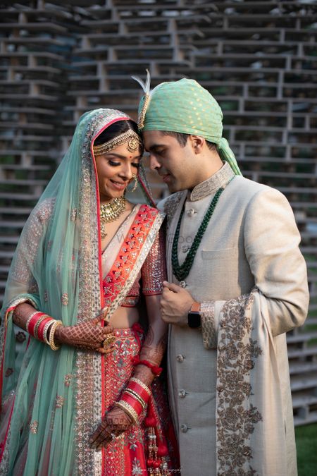 Wedding day couple shot with matching dupatta and safa