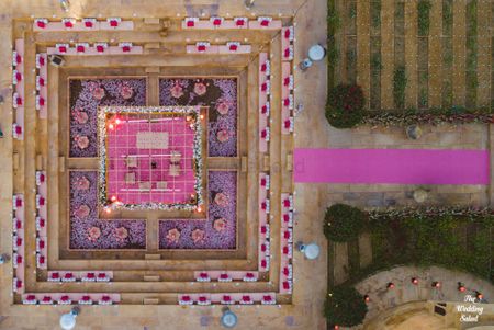 Photo of pink unique mandap with drone photography