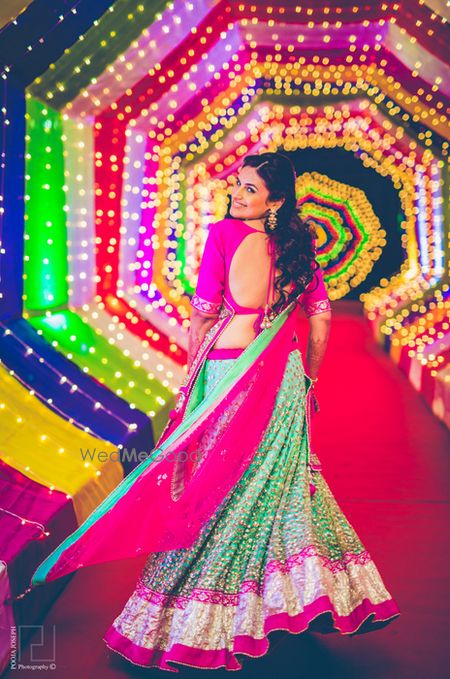 light blue and pink lehenga with silver sequin embroidery