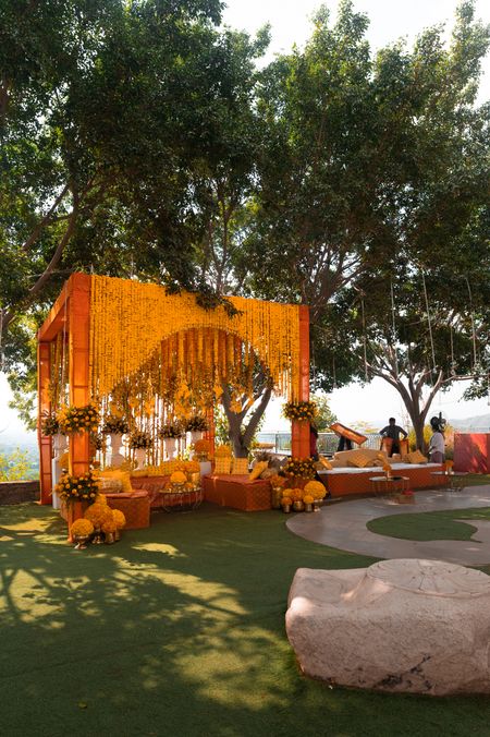 outdoor haldi decoration with marigold 
