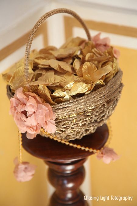 Basket with Gold and Pink Origami Flowers and Leaves