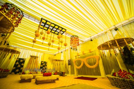 Unique marigold decor at a mehndi ceremony