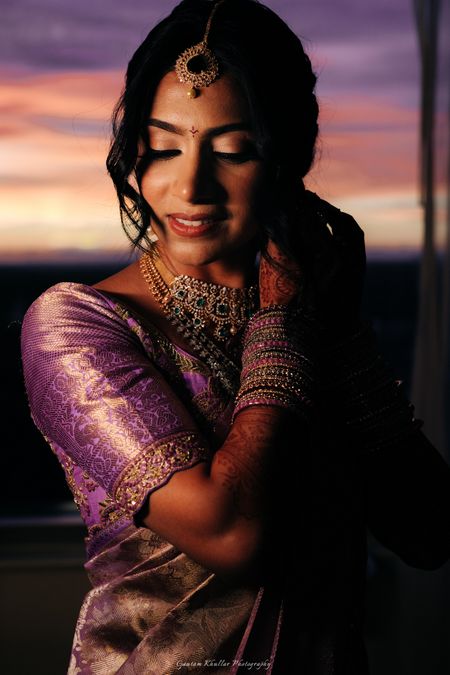 Photo of South indian bridal portrait during the sunset