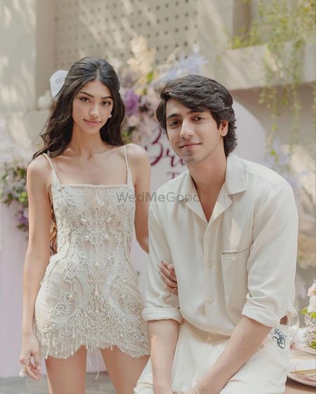 Photo of Alanna and Ahaan Panday in white for the bridal lunch.