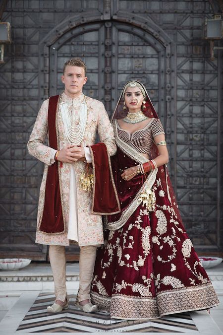 Matching bride and groom in sabya lehenga 