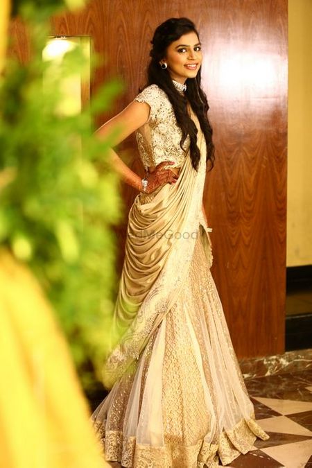 Photo of pre draped lehenga with attached dupatta