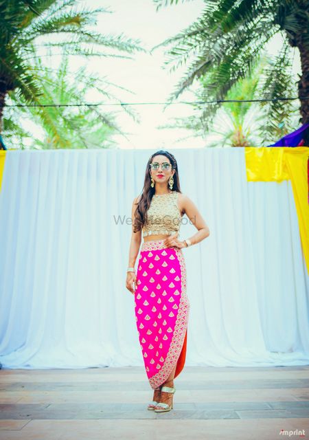 Fuschia pink straight skirt and crop top for mehendi