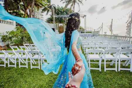 Turquoise Wedding Photoshoot & Poses Photo blue lehenga