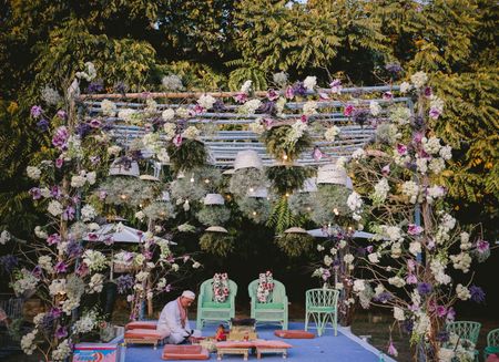 Unique mandap decor with bamboo and cane baskets 