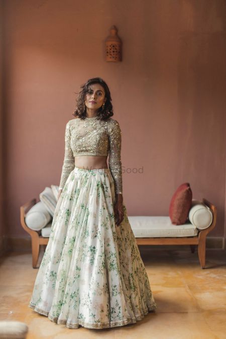 Floral print Sabyasachi lehenga in white and gold 