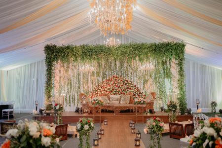hanging floral stage decoration with chandelier