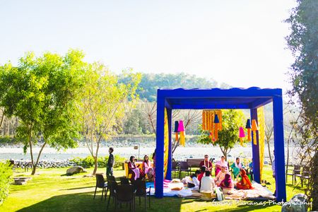 Haldi setup with ink blue tenting to provide contrast againbst yellow haldi