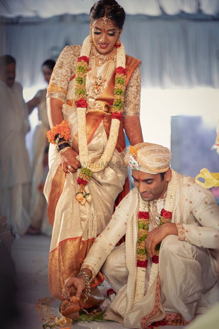 A wedding day shot of a South Indian couple 