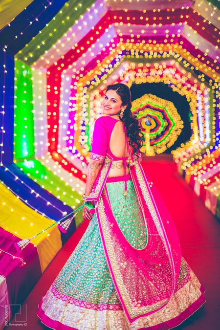 Photo of light blue and pink lehenga with silver sequin embroidery
