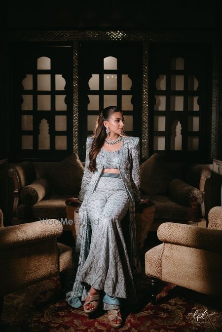 Jacket style sharara in powder blue for the sangeet night