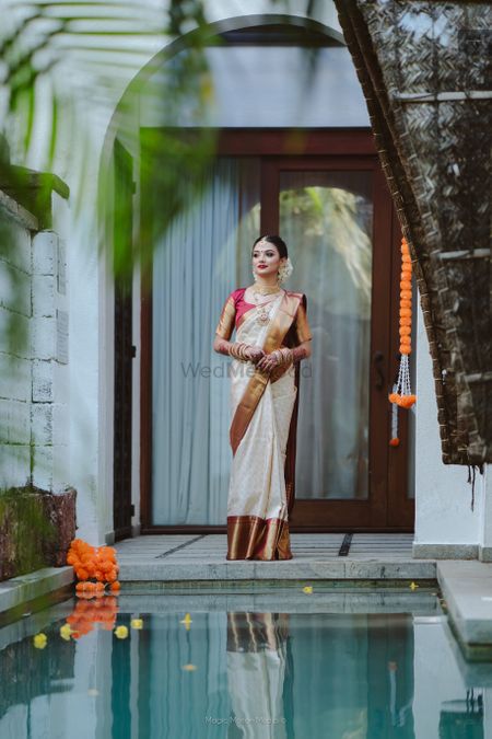 Bride in an offbeat kanjeevaram saree