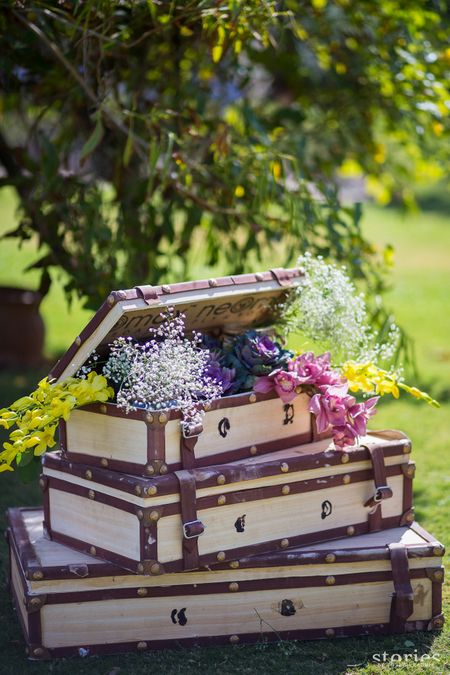 Wedding decor with chests of flowers