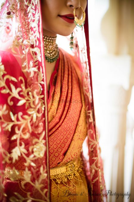 Fusion bride look with dupatta saree and waist belt