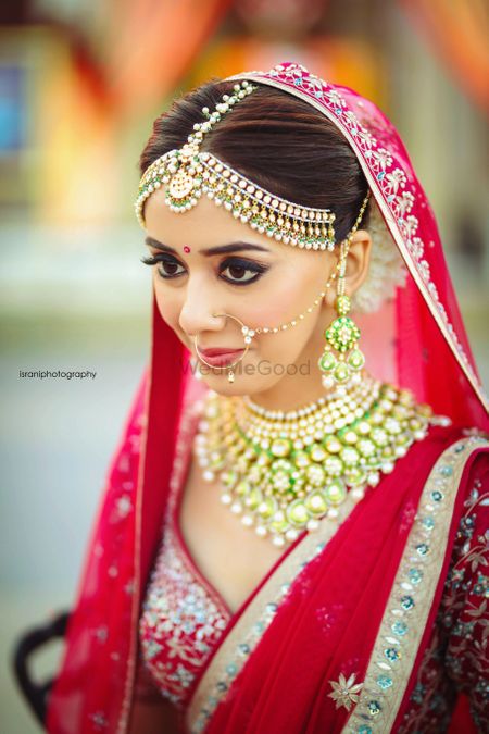 Bridal necklace and mathapatti with light green 