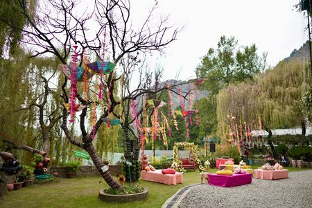 Hanging floral decor for outdoor wedding in mountains
