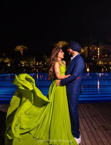 Green flowing gown engagement photo