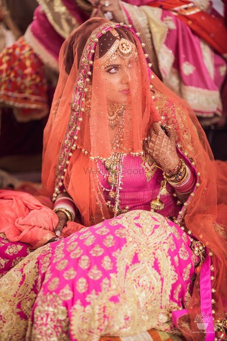 Hot Pink And Gold Orange Banarasi Silk Lehenga Choli With Embroidery H –  Anaara ethnic