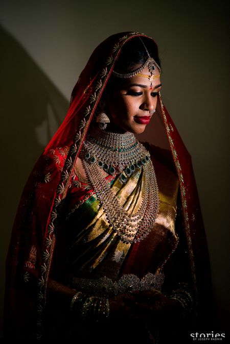 South Indian bridal portrait with layered diamond jewellery 