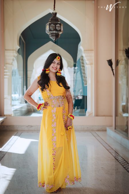 stylish yellow skirt top haldi ceremony outfit for bride | Haldi ceremony  outfit, Haldi outfit, Haldi dress ideas