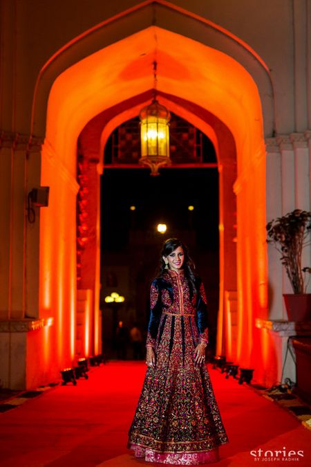 Floor length jacket lehenga in navy blue velvet