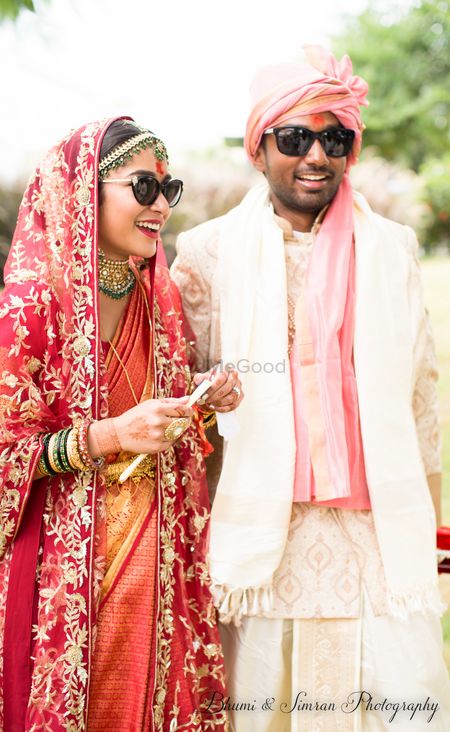 Photo of Cool couple shot wearing sunglasses for day wedding