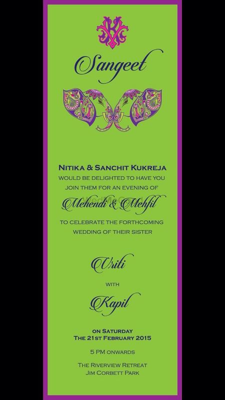 lime green sangeet insert with purple peacock detailing