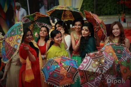 Colourful Bridesmaids Photo with Umbrella Prop
