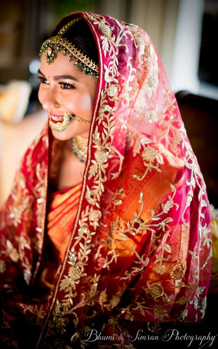 Fusion bride shot with saree and dupatta 