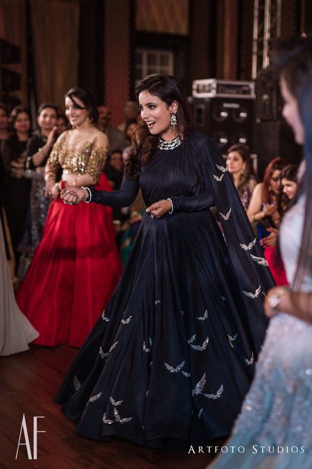 Navy blue cocktail gown with attached dupatta 