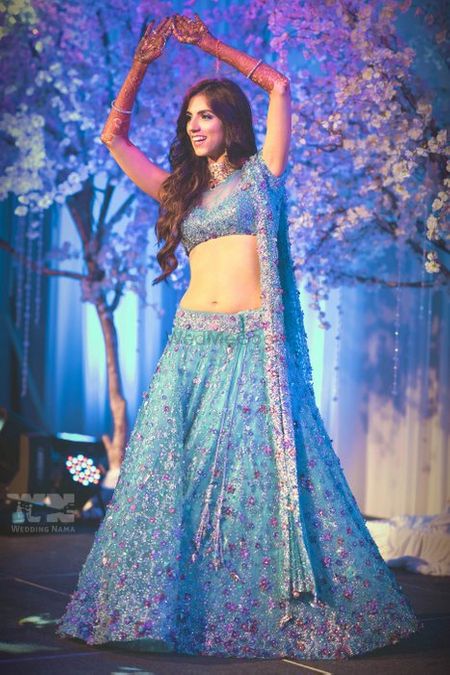 Photo of ice blue fairytale lehenga with intricate embroidery