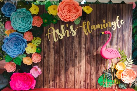 Flamingo theme bachelorette decor with paper flowers 