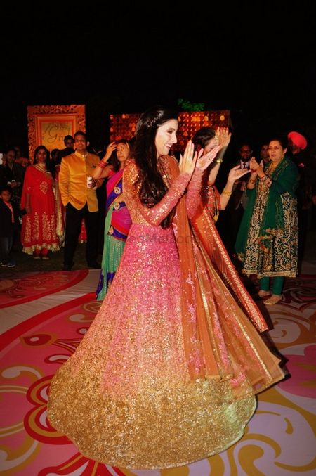shimmery shaded pink and gold anarkali floor length