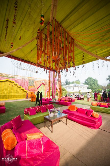 Photo of Mehendi decor in pink and green