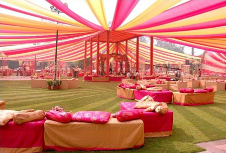 Photo of Pink and Yellow Theme Tent and Seating for Mehendi