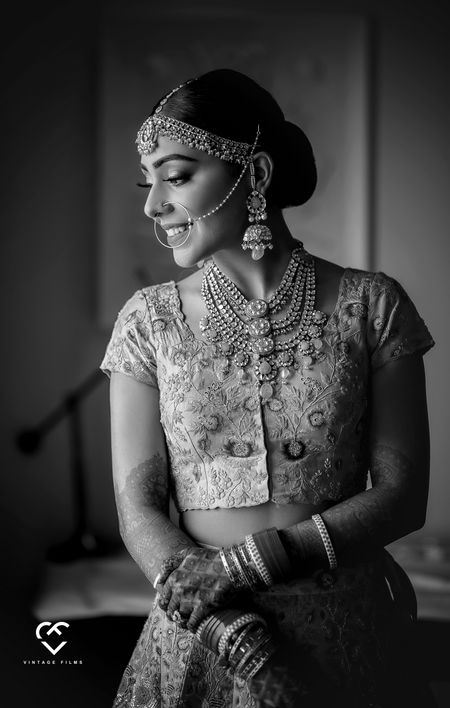Bridal getting ready moment in black and white 