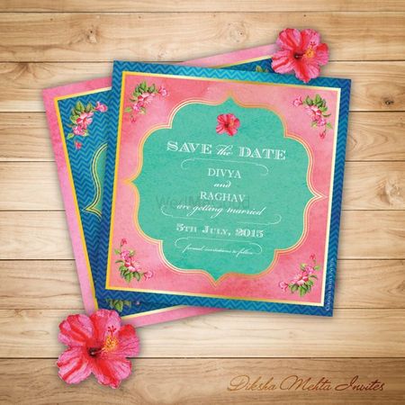 Photo of Pink and Blue Lotus Themed Wedding Invitation Cards
