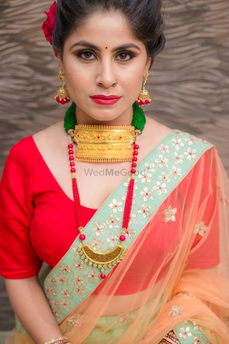 Unique bridal gold choker and long  red necklace