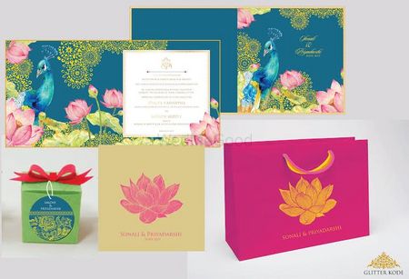 blue floral and peacock lotud invitations