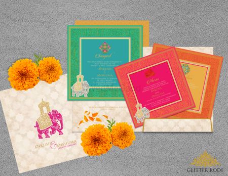 Bright Indian wedding cards with elephant motif