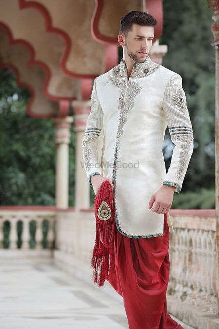 Buy Beige Dupion Art Silk Solid Piping Full Sleeve Kurta And Dhoti Pant Set  For Men by Aryavir Malhotra Online at Aza Fashions.
